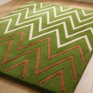 Modern Abstract Hand-Tufted Wool Chevron Rug, Dark Green Terracotta Zig Zag Carpet