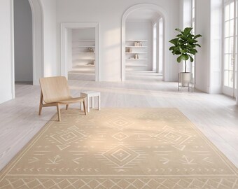 Boho Neutral Area Rug, Beige Tribal Rug, Scandinavian Geometric Carpet, Modern Farmhouse Living Room Rug, Hand Tufted Wool Rug