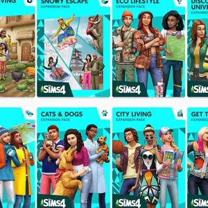 Pode incluir: Uma coleção de caixas de jogos Sims 4 Expansion Pack. Cada caixa apresenta ilustrações coloridas de personagens e cenas, com títulos como "Cottage Living", "Snowy Escape" e "Cats & Dogs". O logotipo do Sims 4 é visível.