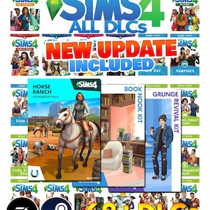 May include: A promotional image for The Sims 4 video game, showcasing various expansion packs and downloadable content (DLCs). The image features the game's logo, the text "NEW UPDATE INCLUDED," and the number "68+ DLCs."