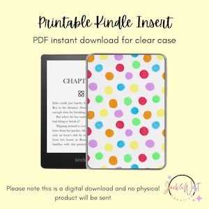 May include: A Kindle e-reader with a colorful polka dot case. The case features a white background with large, vibrant polka dots in red, pink, orange, yellow, green, and blue. The text "Printable Kindle Insert" and "PDF instant download for clear case" is visible.