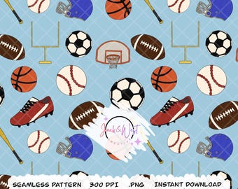 Puede incluir: Un patrón sin costuras con equipamiento deportivo sobre un fondo azul claro. El diseño incluye balones de fútbol americano, balones de fútbol, baloncesto, béisbol, bates y cascos. El texto "SEAMLESS PATTERN 300 DPI .PNG INSTANT DOWNLOAD" está en la parte inferior.