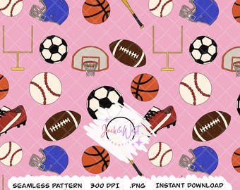 Puede incluir: Patrón sin costuras con varios equipos deportivos, incluyendo balones de fútbol americano, béisbol, baloncesto, fútbol y un bate de béisbol, sobre un fondo rosa. Incluye un casco azul y tacos rojos. El texto "SEAMLESS PATTERN 300 DPI .PNG INSTANT DOWNLOAD" está en la parte inferior.