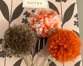 Pompom Paperclip Bookmark / Planner Clips / Orange Trio