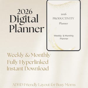 Può includere: Un'agenda digitale per il 2026 con il testo "2026 Digital Planner" e "2026 Productivity Planner". Offre pianificazioni settimanali e mensili, è completamente ipertestuale e scaricabile istantaneamente. Progettato per persone con ADHD.