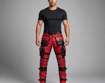 Pantalón cargo de cuero rojo y negro para hombre, pantalón de motociclista personalizado, pantalón de estilo gótico, pantalón multibolsillos hecho a mano, conjunto urbano.