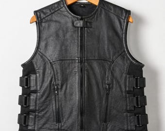 Men’s Black Motorcycle Leather Vest Biker Waistcoat for Riding, Travel, Outdoor Adventure