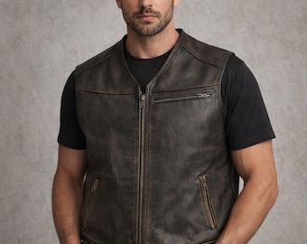 Men's Leather Biker Vest Quilted Motorcycle Rider Waistcoat Genuine Leather Classic USA Style