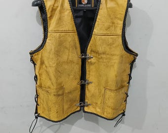 Yellow Distressed Leather Biker Vest, Handmade Motorcycle Vest, Men's Cafe Racer Leather Waistcoat, Vintage Rider Vest, Gift for Him