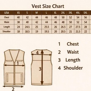 May include: A vest size chart with measurements for chest, waist, length, and shoulder in inches. The chart includes sizes from XS to 6XL. Diagrams illustrate how to measure the vest. The text "Vest Size Chart" is at the top.