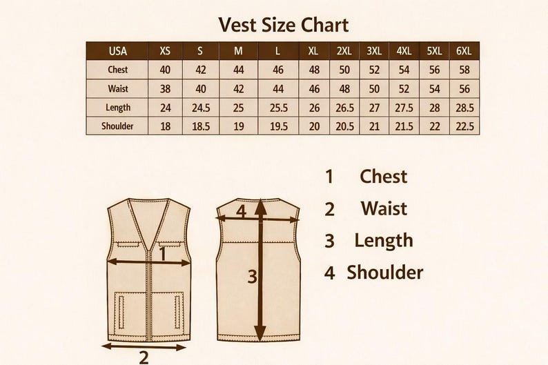 May include: A vest size chart with measurements for chest, waist, length, and shoulder in inches. The chart includes sizes from XS to 6XL. Diagrams illustrate how to measure the vest. The text "Vest Size Chart" is at the top.