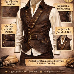 Men’s Pirate Leather Vest for Renaissance, LARP & Cosplay – Medieval Buccaneer Waistcoat Halloween Outfit