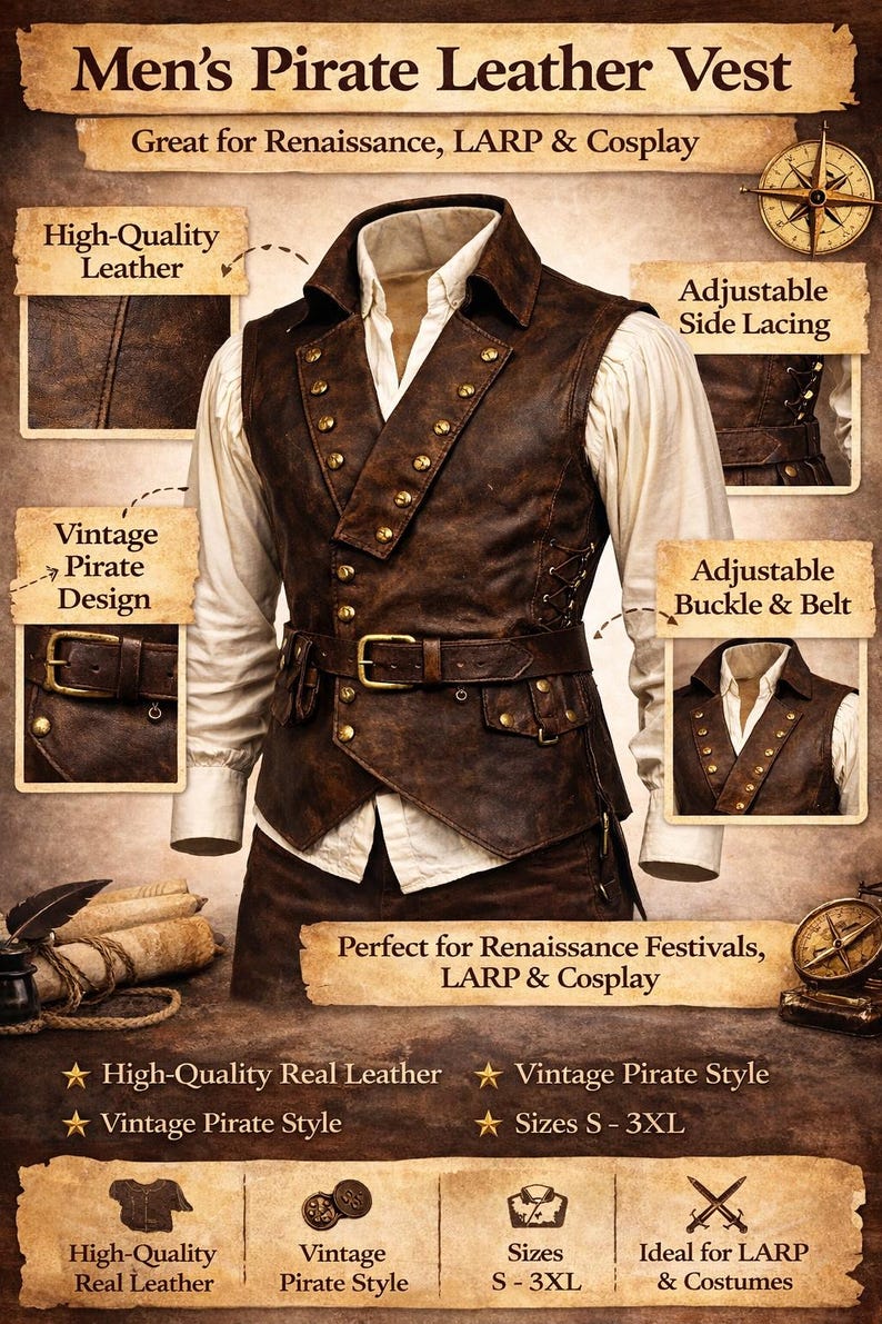 Men’s Pirate Leather Vest for Renaissance, LARP & Cosplay – Medieval Buccaneer Waistcoat Halloween Outfit