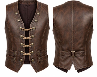 Handmade Distressed Leather Pirate Vest, Steampunk Waistcoat, Renaissance Festival Costume, Medieval Cosplay Outfit, Adjustable Custom Fit