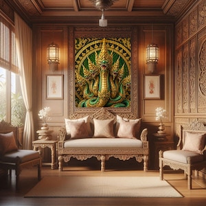 Op de afbeelding: Een gedetailleerd interieur met sierlijke houten meubels en wandpanelen. Een groot, ingelijst kunstwerk dat een veelkoppige slang in goud- en groentinten afbeeldt, is het middelpunt. De kamer omvat een bank, stoelen en bijzettafels.