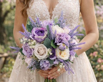 Lavender Rose Wedding Bouquet, Ivory Eucalyptus, Faux Bridal Flowers