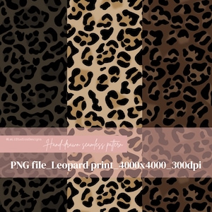 Op de afbeelding: Een digitaal luipaardprintpatroon in bruin- en zwarttinten. Het ontwerp toont donkere vlekken op een lichtere achtergrond. De afbeelding bevat de tekst "Hand-drawn seamless pattern" en "PNG file_Leopard print_4000x4000_300dpi".