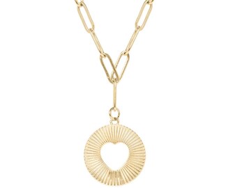 Gold Heart Medallion Paperclip Chain Necklace