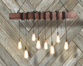 Walnut Wood Beam Chandelier, 8 Light Rustic Farmhouse Pendant, Industrial Hanging Light