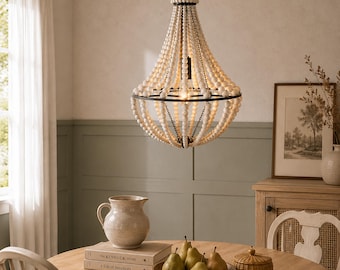 Wood Bead Chandelier, Farmhouse Hanging Light, Rustic Boho Fixture
