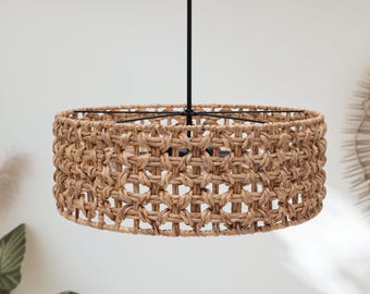 Handwoven Rattan Chandelier, Boho Wicker Hanging Light, Natural Ceiling Fixture