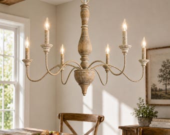 Distressed Wood Farmhouse Chandelier, 6-Light Candle Fixture, French Country Style