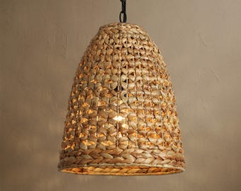 Handwoven Rattan Pendant Light, 15.3" Dome Wicker Light for Kitchen Island Boho Style