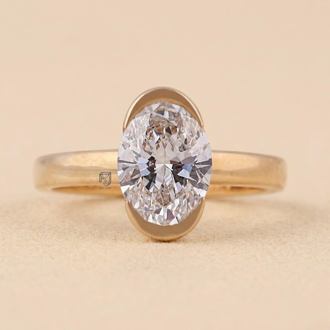 Oval Lab Grown Diamond Engagement Ring, 14K Solid Gold Half Bezel, IGI ...
