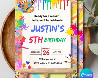 Convite para Festa de Aniversário com Tema de Arte | Tema Pintura Colorida (Modelo Editável no Canva)