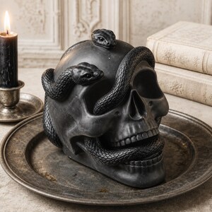 Peut inclure: Une sculpture de crâne noir mat avec deux serpents détaillés enroulés autour du crâne et de la mâchoire. Les serpents présentent des écailles texturées et sont intégrés à la structure du crâne. L'objet est une pièce décorative monochrome.