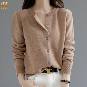 Damski dzianinowy kardigan – sweter zimowy z okrągłym dekoltem i mieszanką kaszmiru | Sweter z dzianiny zapinany na guziki | prezenty na walentynki dla niej