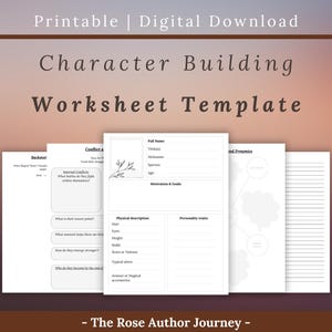Könnte beinhalten: Ein digitaler Download mit dem Titel "Character Building Worksheet Template". Das Bild zeigt mehrere weiße Arbeitsblätter mit Aufforderungen zur Charakterentwicklung, einschließlich Abschnitten für Hintergrund, Konflikt und Persönlichkeitsmerkmale. Oben im Bild steht "Printable | Digital Download".