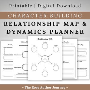 May include: A digital download titled "Character Building Relationship Map & Dynamics Planner." The image shows several white pages with black text and diagrams for planning character relationships. The text includes "Relationship Web" and "Relationship Timeline."
