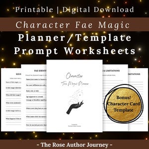Könnte beinhalten: Ein digitaler Download mit einem Character Fae Magic Planner/Template mit Prompt-Arbeitsblättern. Das Design umfasst eine schwarz-weiße Handgrafik, goldene Akzente und den Text "Bonus! Character Card Template."