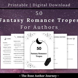 May include: A digital download titled "50 Fantasy Romance Tropes For Authors." The cover features a crescent moon, stars, and a crystal illustration. The background is a dark purple with a starry night sky.