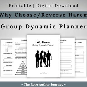 Op de afbeelding: Een digitale downloadplanner getiteld "Why Choose/Reverse Harem Group Dynamic Planner". De omslag toont een zwart-wit silhouet van vier mensen. De planner bevat pagina's met invulsecties voor groepsdynamiek, karakterdetails en relatiebanden.