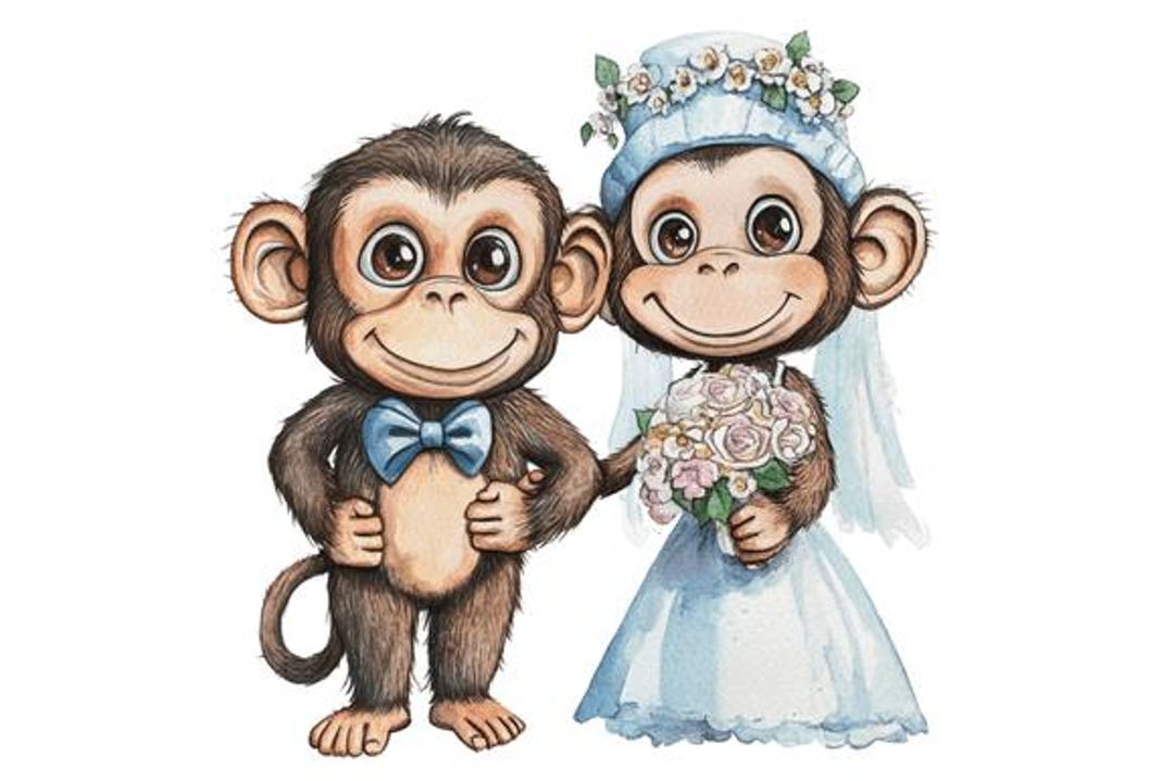 Quirky Wedding Monkey Couple Clipart, Funny Bride Groom PNG Bundle (300 ...