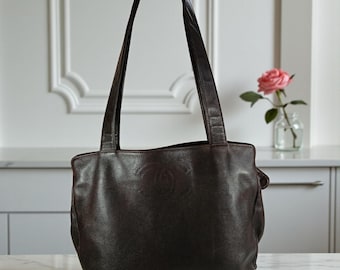 AUTHENTIC CHANEL Brown Coco Mark Lambskin Leather Tote  Bag W/Coa