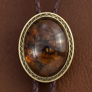 May include: A bolo tie featuring an oval-shaped, polished amber-colored stone set within a decorative antique brass frame with a geometric border. The pendant is attached to a dark brown braided leather cord.
