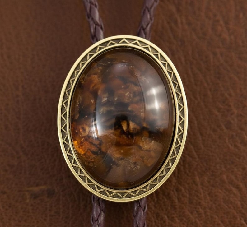 Vintage Western Bolo Tie – Agate Style Pendant, Leather Chain Necklace image 2