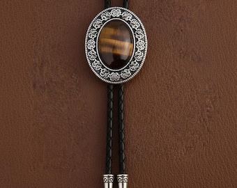 Western Agate Bolo Tie – Vintage Cowboy Necklace, Leather Cord