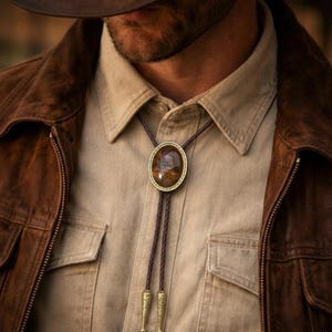 May include: A brown bolo tie with an oval-shaped, patterned stone pendant set in a gold-colored frame. The tie features a braided leather cord and decorative gold-colored tips. The bolo tie is worn over a tan button-down shirt and a brown leather jacket.