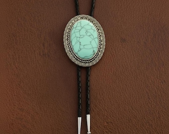 Agate Gem Bolo Tie, Retro Western Necklace, Leather Cord