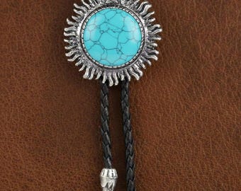 Corbata de bolo estilo girasol occidental para hombre: corbata de cordón de cuero con incrustaciones de piedras preciosas, accesorio de moda vaquera.