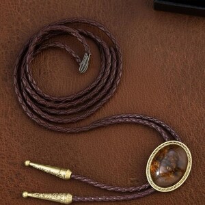 May include: A brown bolo tie with a braided leather cord. The tie features a gold-toned oval pendant with a brown and gold stone. The cord ends have decorative gold-toned tips.