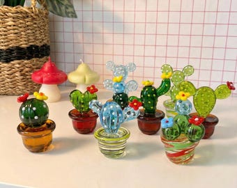 Glass Cactus Ornament Set – Mini Murano Style Handcrafted Glass Figurines for Home Decor, Desk Display, Gifts