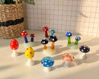 Handblown Stained Glass Mushroom Figurines, Fairy Garden Decor