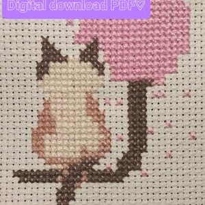 Digital download Cross stitch pattern black and white and color symbols. siamese cat sitting on a tree with a spring theme 4-part collection