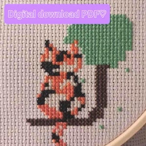 Digital download Cross stitch pattern black and white and color symbols. Calico cat sitting on a tree with a summer theme. 4-part collection