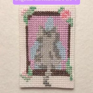 Digital download Cross stitch pattern black and white and color symbols. Cat sitting on a window with nature on the window, purple curtains